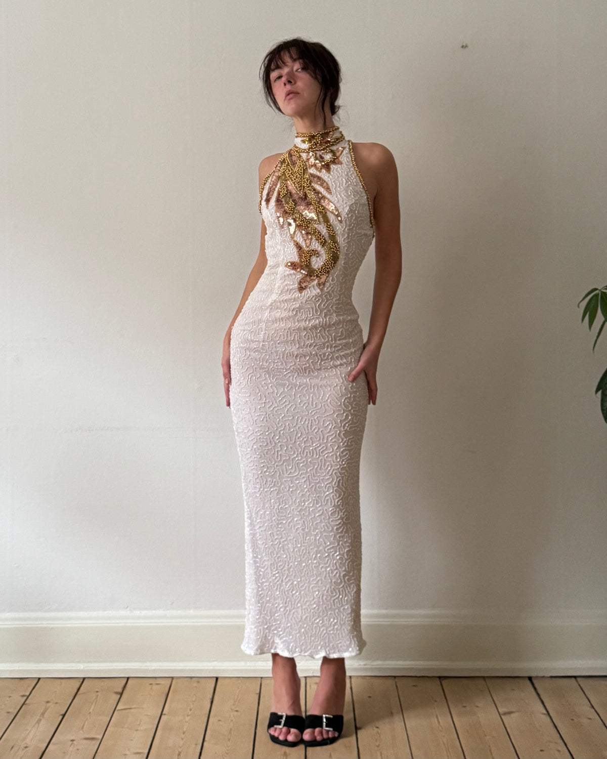 1990s gold halter silk